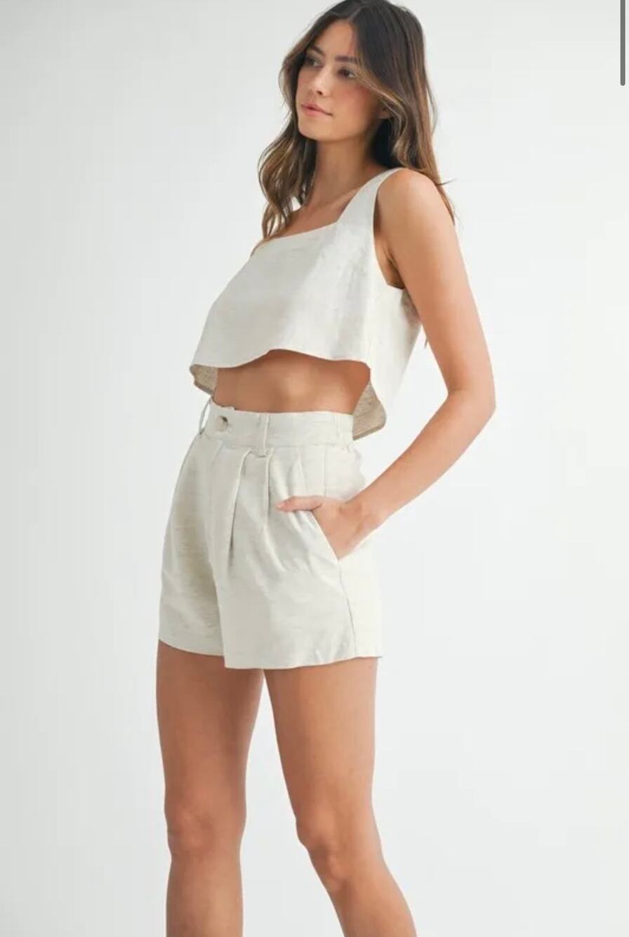 MABLE Sleeveless Crop Top and Shorts Set linen blend beige sz. M NWT